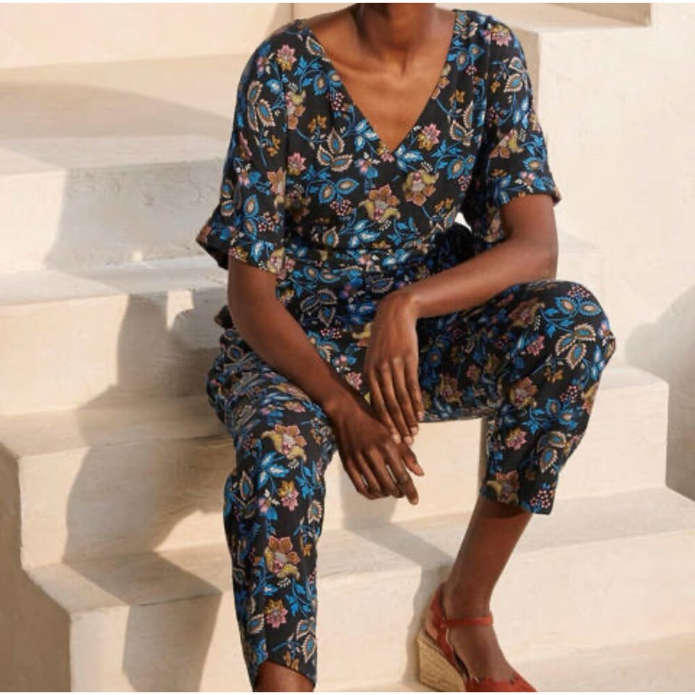 Boden Black‎ Paisley Floral Alice Wrap Jumpsuit Size 10 Regular Modesty Snap